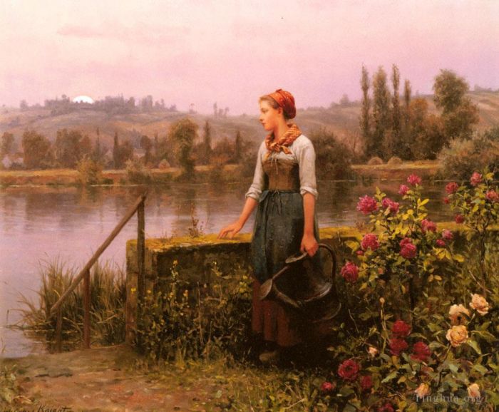 Daniel Ridgway Knight Oil Painting - A Woman With A Watering Can By The River