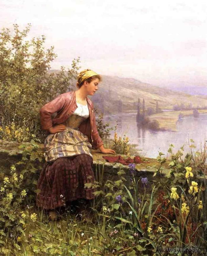 Daniel Ridgway Knight Oil Painting - Brittany Girl Overlooking Stream