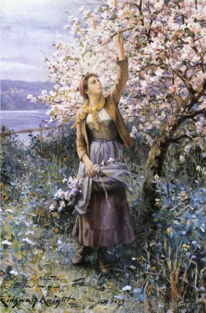 Daniel Ridgway Knight Oil Painting - Gathering Apple Blossoms