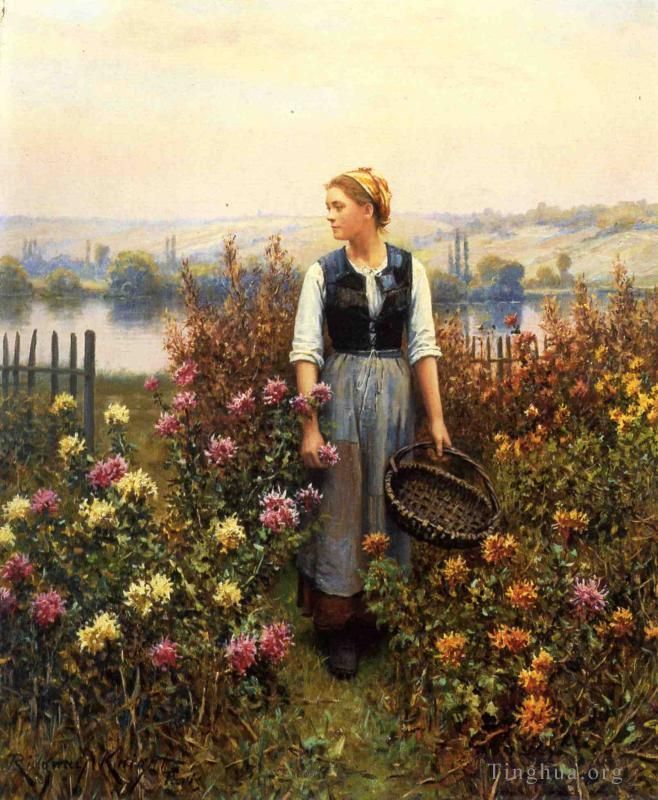 Daniel Ridgway Knight Oil Painting - Girl with a Basket in a Garden