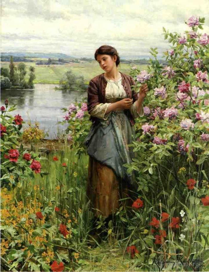 Daniel Ridgway Knight Oil Painting - Julia among the Roses