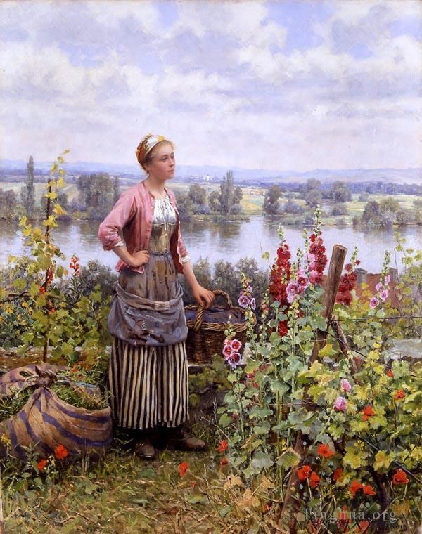 Daniel Ridgway Knight Oil Painting - Maria on the Terrace with a Bundle of Grass