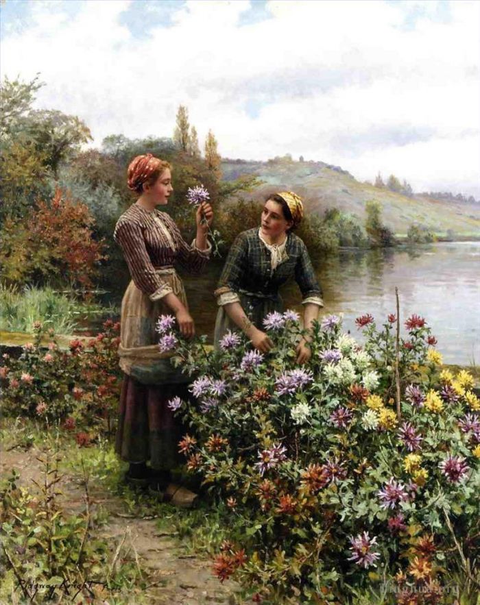 Daniel Ridgway Knight Oil Painting - Peasant Girls in Flower Garden