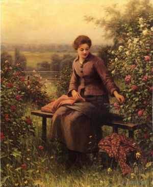 Artist Daniel Ridgway Knight's Work - Seated Girl with Flowers
