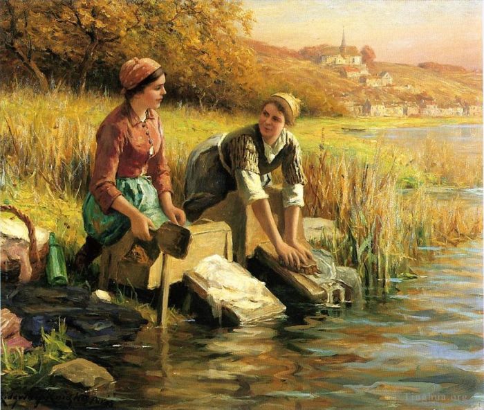 Daniel Ridgway Knight Oil Painting - Women Washing Clothes by a Stream