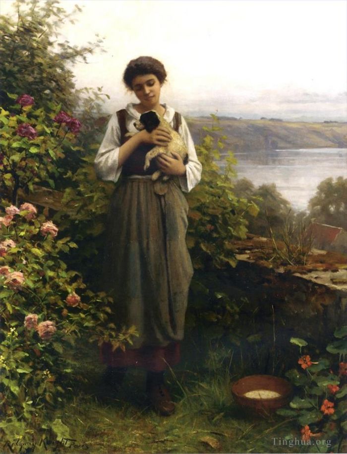 Daniel Ridgway Knight Oil Painting - Young Girl Holding a Puppy