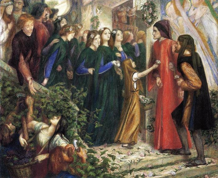 Dante Gabriel Rossetti Oil Painting - Beatrice Meeting Dante at a Wedding Feast Denies him her Salutation