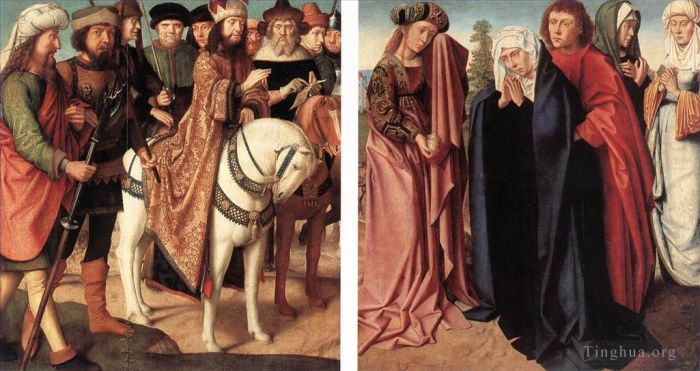 Gerard David Oil Painting - Pilates Dispute with the High Priest The Holy Women and St John at Golgotha