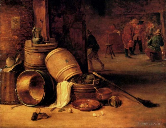 David Teniers the Younger Oil Painting - An Interior Scene With Pots Barrels Baskets Onions And Cabbages