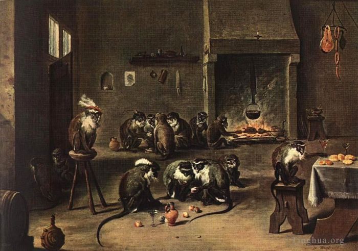 David Teniers the Younger Oil Painting - Apes in the Kitchen