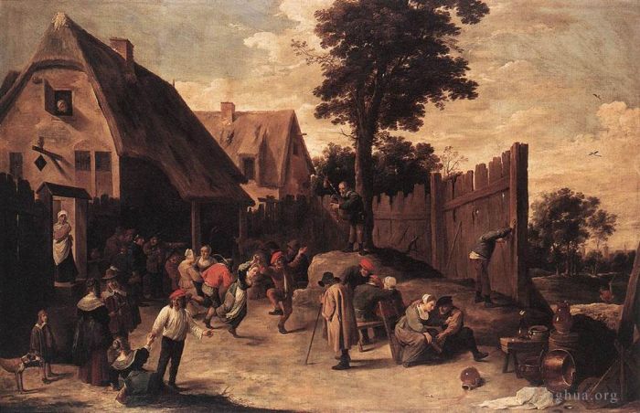 David Teniers the Younger Oil Painting - Peasants Dancing Outside An Inn