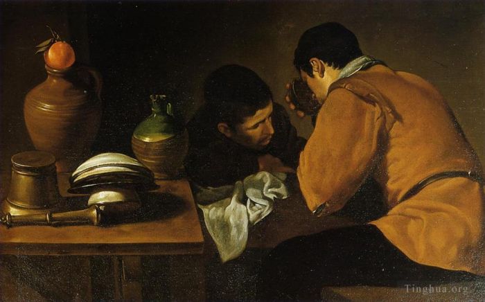 Diego Velazquez Oil Painting - Two Young Men at a Table