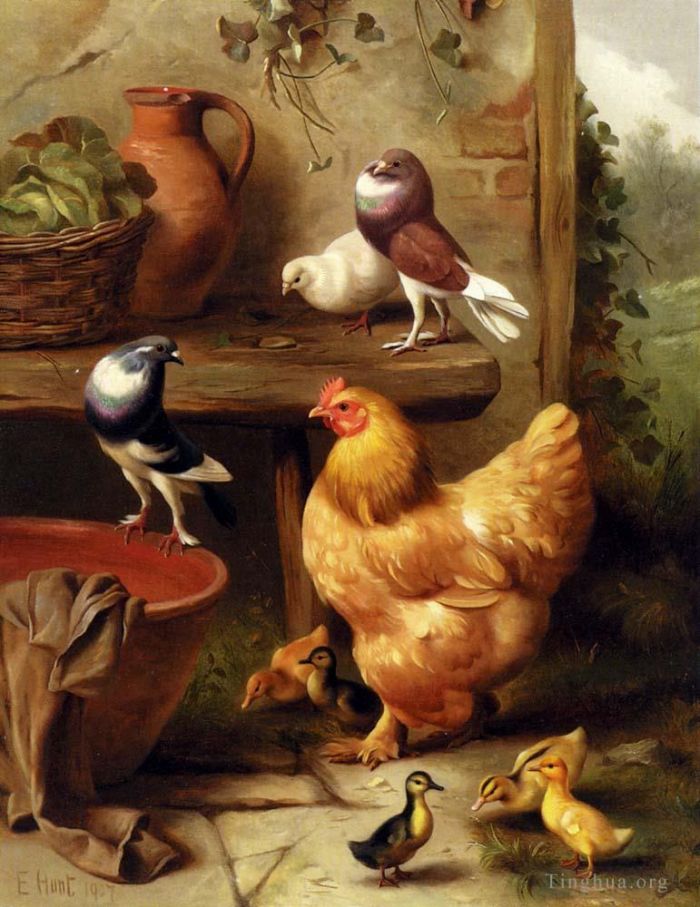 Edgar Hunt Oil Painting - A Chicken Doves Pigeons And Ducklings