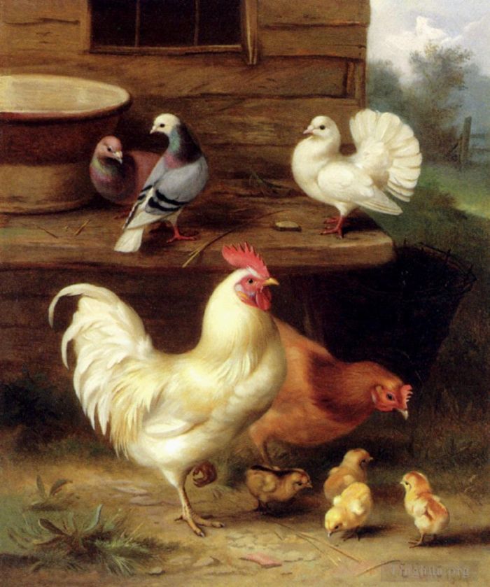 Edgar Hunt Oil Painting - A Cockerel Hen And Chicks With Pigeons