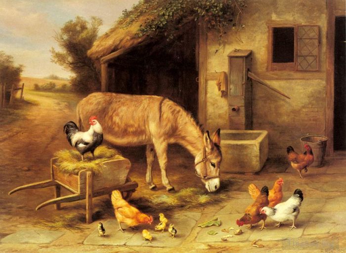 Edgar Hunt Oil Painting - A Donkey And Chickens Outside A Stable