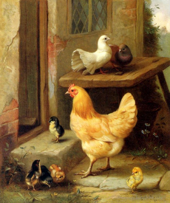 Edgar Hunt Oil Painting - A Hen Chicks And Pigeons