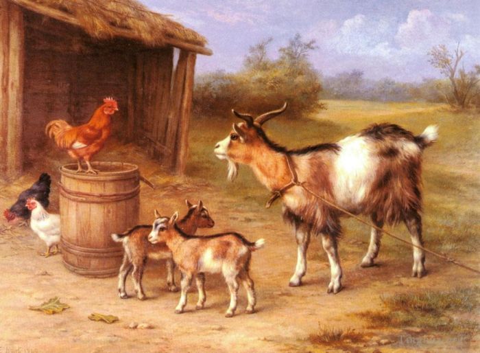 Edgar Hunt Oil Painting - A farmyard Scene With Goats And Chickens