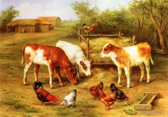Edgar Hunt Oil Painting - Calves And Chickens Feeding In A Farmyard