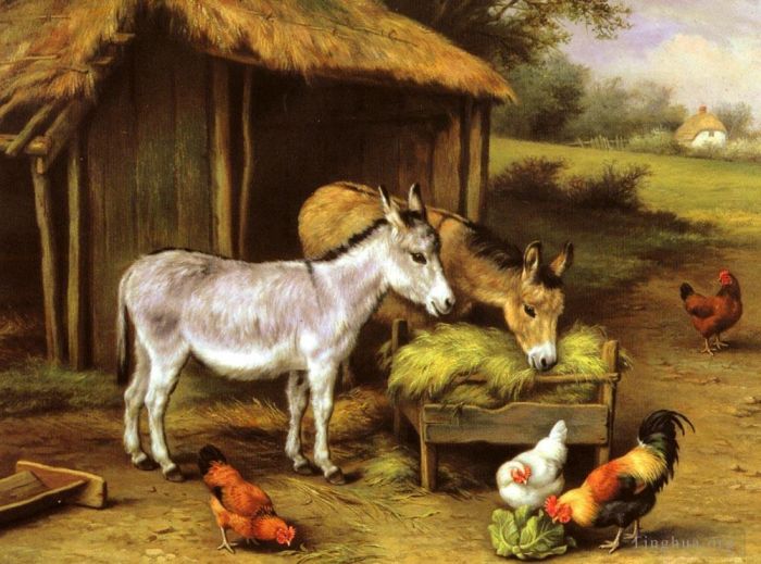 Edgar Hunt Oil Painting - Chickens And Donkeys Feeding Outside A Barn