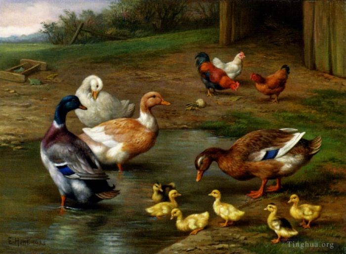 Edgar Hunt Oil Painting - Chickens Ducks And Ducklings Paddling