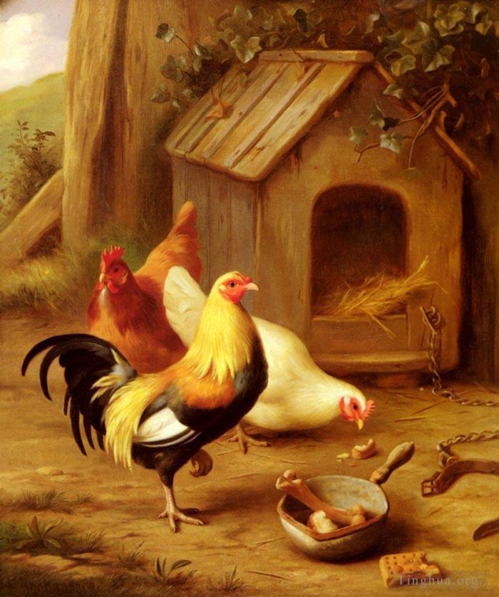 Edgar Hunt Oil Painting - Chickens Feeding