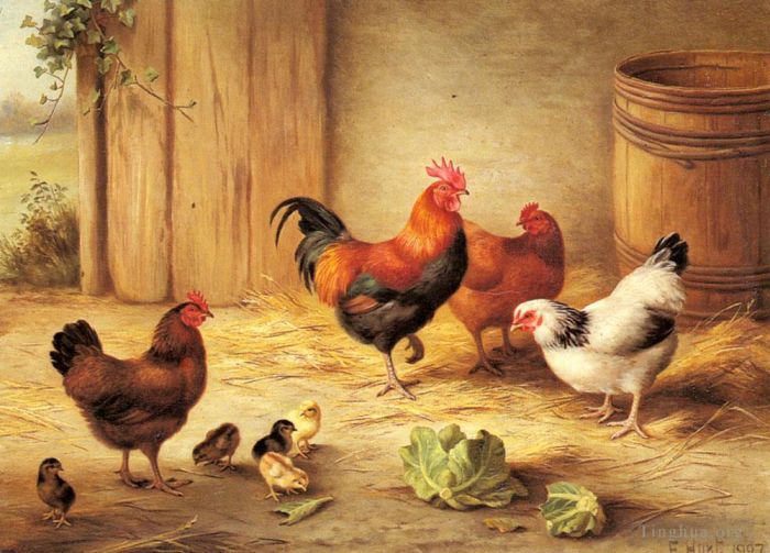 Edgar Hunt Oil Painting - Chickens In A Barnyard