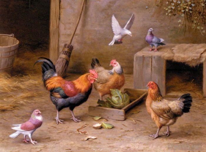 Edgar Hunt Oil Painting - Chickens In A Farmyard