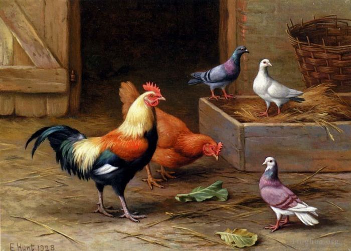 Edgar Hunt Oil Painting - Chickens Pigeons And A Dove