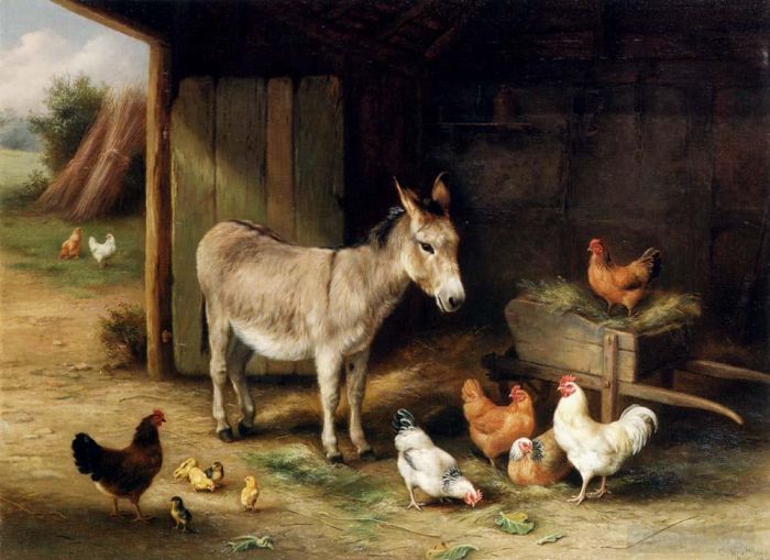 Edgar Hunt Oil Painting - Donkey Hens And Chickens In A Barn