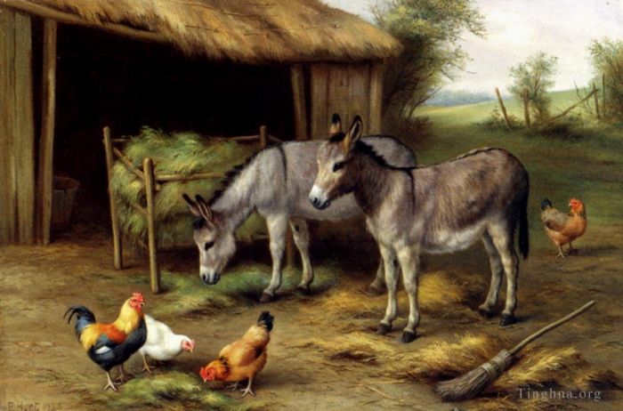 Edgar Hunt Oil Painting - Donkeys And Poultry
