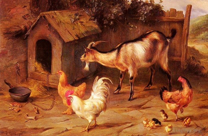 Edgar Hunt Oil Painting - Fowl Chicks And Goats By A Dog Kennel