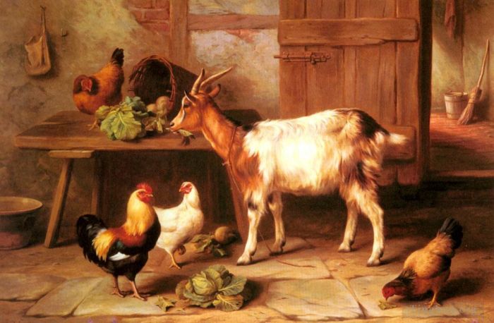 Edgar Hunt Oil Painting - Goat And Chickens Feeding In A Cottage Interior