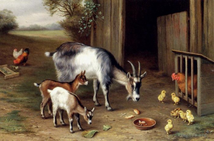 Edgar Hunt Oil Painting - Goats And Poultry