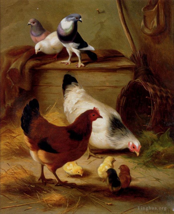 Edgar Hunt Oil Painting - Pigeons And Chickens
