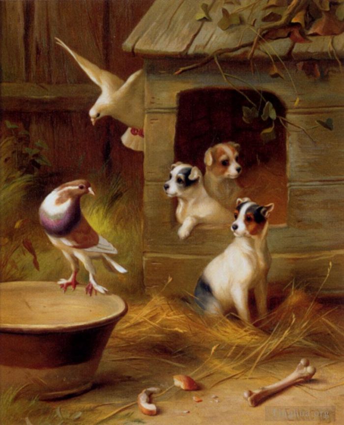 Edgar Hunt Oil Painting - Pigeons And Puppies