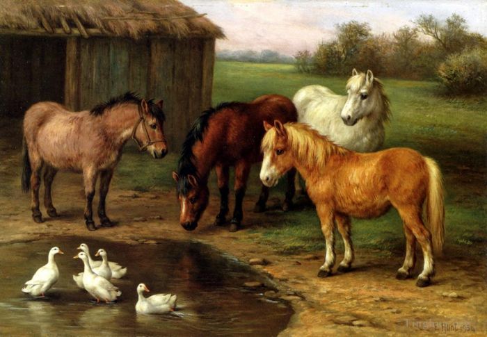 Edgar Hunt Oil Painting - Ponies By A Pond