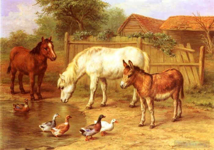 Edgar Hunt Oil Painting - Ponies Donky and Ducks In A Farmyard
