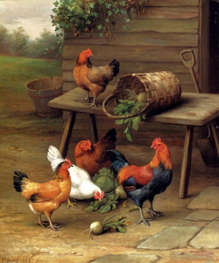 Edgar Hunt Oil Painting - Poultry In A Barnyard