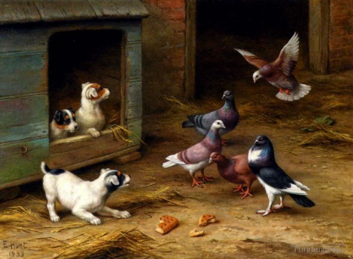Edgar Hunt Oil Painting - Puppies And Pigeons Playing By A Kennel