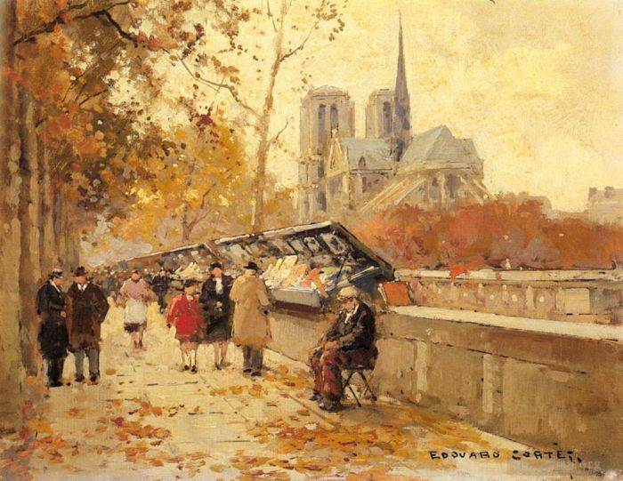 Edouard Cortes Oil Painting - Booksellers along the seine notre dame view