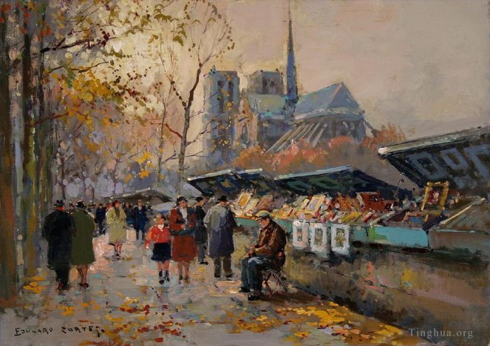 Edouard Cortes Oil Painting - Booksellers along the seine