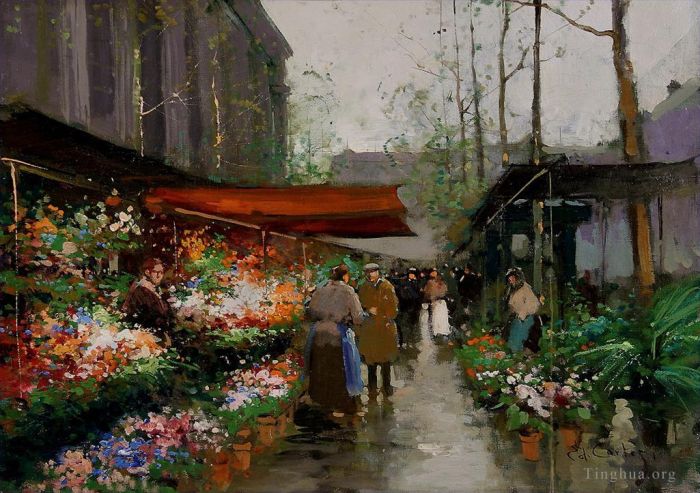 Edouard Cortes Oil Painting - Flower market at la madeleine 2