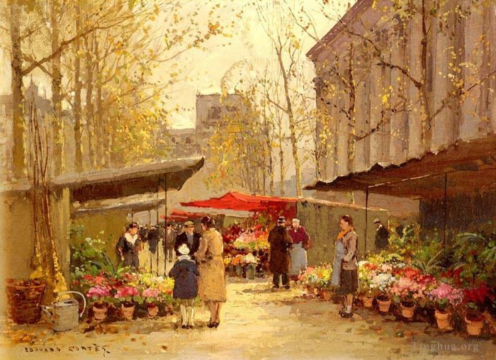 Edouard Cortes Oil Painting - Flower market at la madeleine