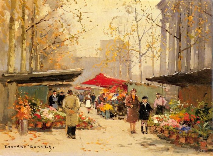 Edouard Cortes Oil Painting - Flower stalls at la madeleine