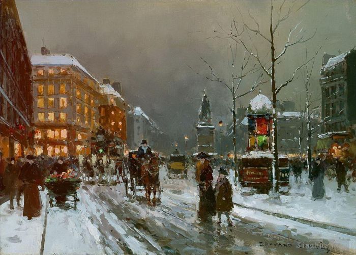 Edouard Cortes Oil Painting - Place de clichy in winter