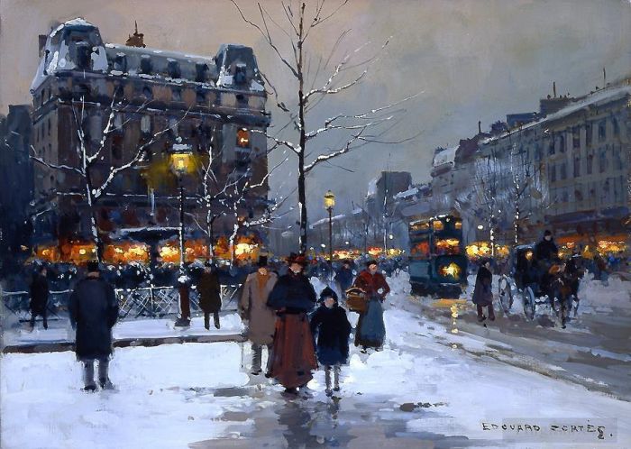 Edouard Cortes Oil Painting - Place pigalle winter evening