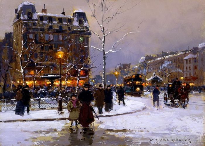 Edouard Cortes Oil Painting - Place pigalle winter