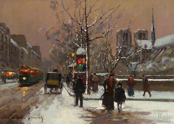 Edouard Cortes Oil Painting - Quai de montebello winter
