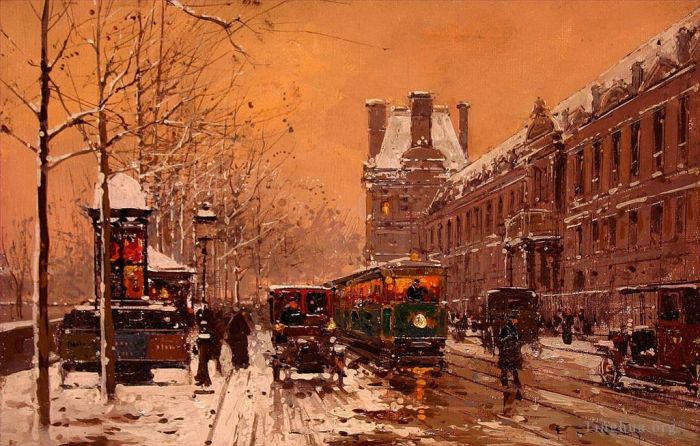 Edouard Cortes Oil Painting - Quay du louvre winter 1