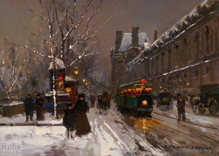 Edouard Cortes Oil Painting - Quay du louvre winter